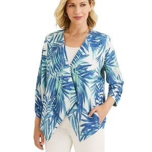 Chico's | 100% LINEN Blue White Tropical Leaf Jacket Sz 1 EUC